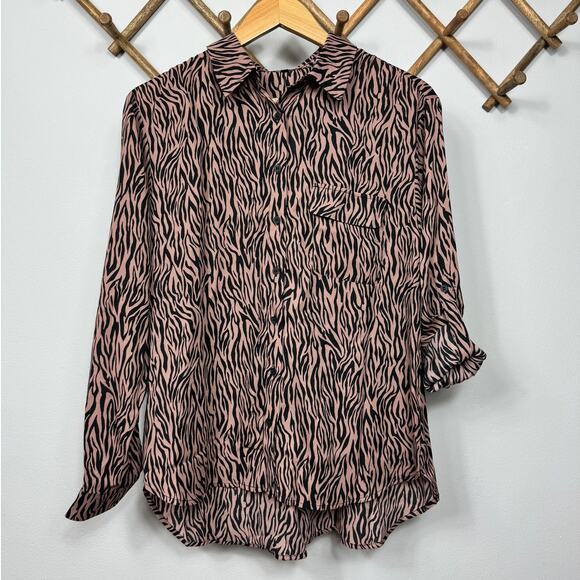 Pleione Patterned Long Sleeve Button-up Shirt in Mauve Black Swirl Size M - Picture 1 of 7